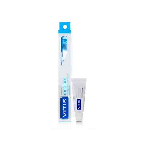 DENTAID Зубная щётка Vitis Medium в твердой упаковке + Зубная паста Vitis Whitening арт. 131500623